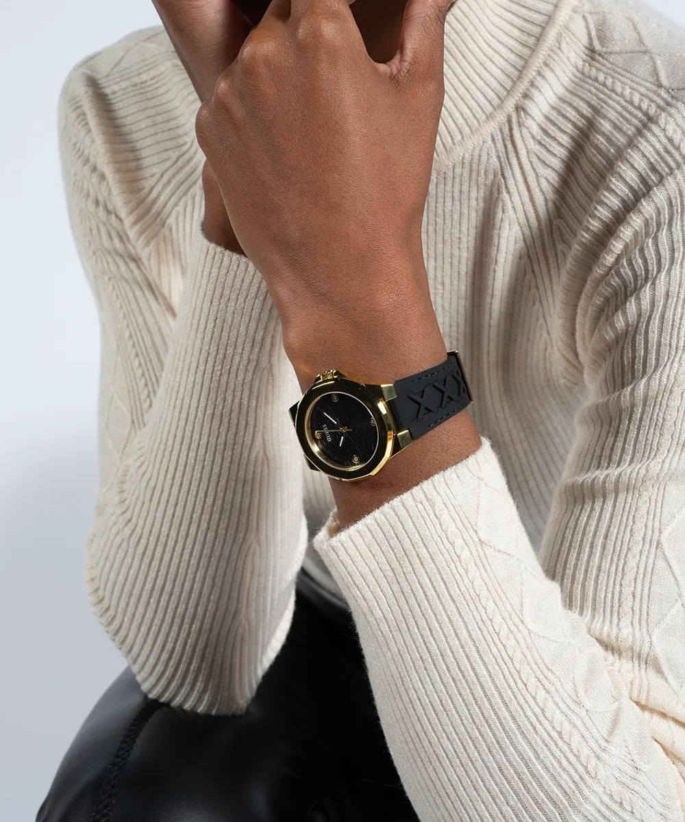 GUESS Ladies Black Gold Tone Analog Watch